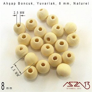 Yuvarlak 8 mm, Naturel Sandal Ağacı, Ahşap Boncuk / Paket İçeriği 20 Adet