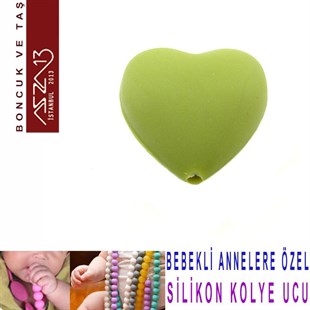 Zeytin Yeşili Silikon 19x20 mm Kalp Boncuk / Paket İçeriği 1 Adet