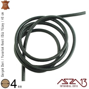Gerçek Deri - 4 mm - Siyah - Düz Yüzey - Yuvarlak Kesit - Kordon / 40 cm