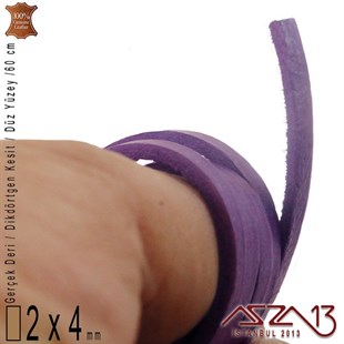 Gerçek Deri - 2x4 mm - Mor - Düz Yüzey - Dikdörtgen Kesit - Kordon / 60 cm
