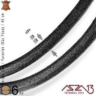 Gerçek Deri - 6 mm - Siyah - Düz Yüzey - Yuvarlak Kesit - Kordon / 40 cm