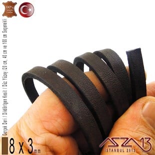 Gerçek Deri - 8x3 mm - Koyu Kahve - Düz Yüzey - Dikdörtgen Kesit Kordon / 20 cm - 40 cm - 100 cm