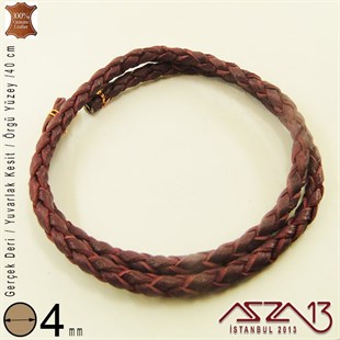 Gerçek Deri - 4 mm - Vişne Çürüğü - Örgü Yüzey - Yuvarlak Kesit - Kordon / 40 cm