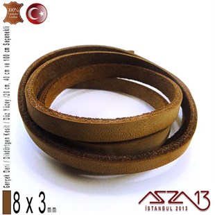 Gerçek Deri - 8x3 mm - Koyu Tan - Düz Yüzey - Dikdörtgen Kesit Kordon / 20 cm - 40 cm - 100 cm
