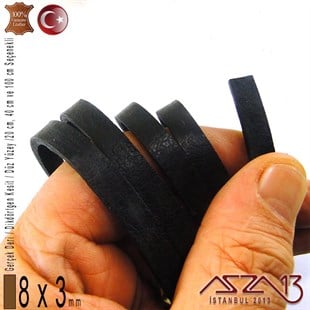 Gerçek Deri - 8x3 mm - Siyah - Düz Yüzey - Dikdörtgen Kesit Kordon / 20 cm - 40 cm - 100 cm