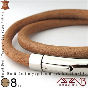 Gerçek Deri - 8 mm - Koyu Tan Rengi - Düz Yüzey - Yuvarlak Kesit - Kordon / 40 cm