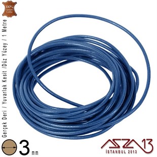 Gerçek Deri - 3 mm - Royal Mavi - Düz Yüzey - Yuvarlak Kesit - Kordon / 1 Metre