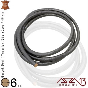 Gerçek Deri - 6 mm - Siyah - Düz Yüzey - Yuvarlak Kesit - Kordon / 40 cm