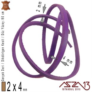 Gerçek Deri - 2x4 mm - Mor - Düz Yüzey - Dikdörtgen Kesit - Kordon / 60 cm
