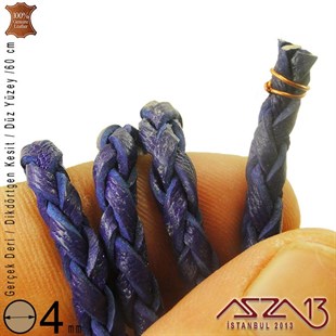 Gerçek Deri - 4 mm - Lacivert - Örgü Yüzey - Yuvarlak Kesit - Kordon / 40 cm