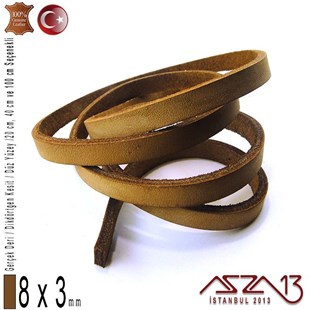 Gerçek Deri - 8x3 mm - Koyu Tan - Düz Yüzey - Dikdörtgen Kesit Kordon / 20 cm - 40 cm - 100 cm