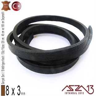 Gerçek Deri - 8x3 mm - Siyah - Düz Yüzey - Dikdörtgen Kesit Kordon / 20 cm - 40 cm - 100 cm