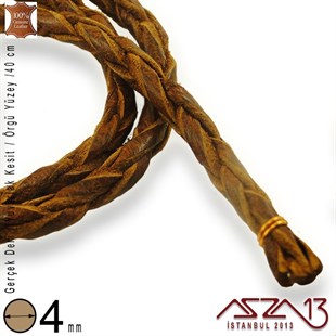 Gerçek Deri - 4 mm - Kahverengi - Örgü Yüzey - Yuvarlak Kesit - Kordon / 40 cm