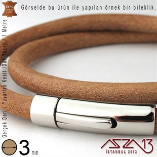 Gerçek Deri - 3 mm - Naturel - Düz Yüzey - Yuvarlak Kesit - Kordon / 1 Metre
