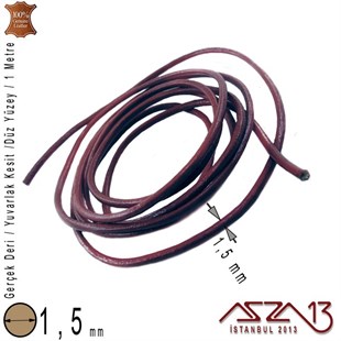 Gerçek Deri - 1,5 mm - Bordo - Düz Yüzey - Yuvarlak Kesit - Kordon / 1 Metre