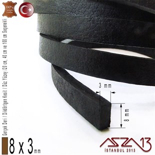 Gerçek Deri - 8x3 mm - Siyah - Düz Yüzey - Dikdörtgen Kesit Kordon / 20 cm - 40 cm - 100 cm
