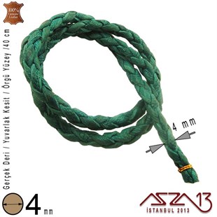 Gerçek Deri - 4 mm - Küf Yeşili - Örgü Yüzey - Yuvarlak Kesit - Kordon / 40 cm