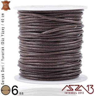 Gerçek Deri - 6 mm - Kahverengi - Düz Yüzey - Yuvarlak Kesit - Kordon / 40 cm