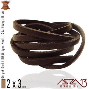 Gerçek Deri - 2x3 mm - Kahverengi - Düz Yüzey - Dikdörtgen Kesit - Kordon / 60 cm