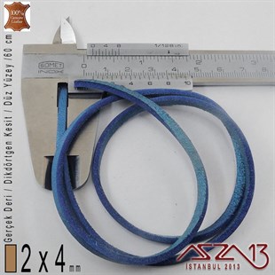 Gerçek Deri - 2x4 mm - Denizci Mavi - Düz Yüzey - Dikdörtgen Kesit - Kordon / 60 cm