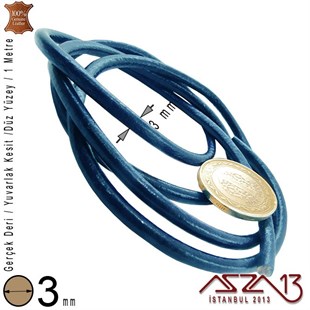 Gerçek Deri - 3 mm - Royal Mavi - Düz Yüzey - Yuvarlak Kesit - Kordon / 1 Metre