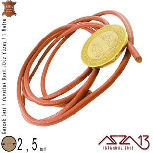 Gerçek Deri - 2,5 mm - Taba - Düz Yüzey - Yuvarlak Kesit - Kordon / 1 Metre