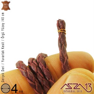 Gerçek Deri - 4 mm - Vişne Çürüğü - Örgü Yüzey - Yuvarlak Kesit - Kordon / 40 cm