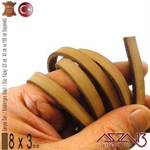 Gerçek Deri - 8x3 mm - Koyu Tan - Düz Yüzey - Dikdörtgen Kesit Kordon / 20 cm - 40 cm - 100 cm