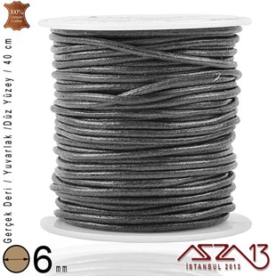Gerçek Deri - 6 mm - Siyah - Düz Yüzey - Yuvarlak Kesit - Kordon / 40 cm