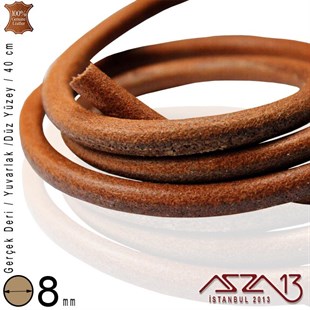 Gerçek Deri - 8 mm - Koyu Tan Rengi - Düz Yüzey - Yuvarlak Kesit - Kordon / 40 cm