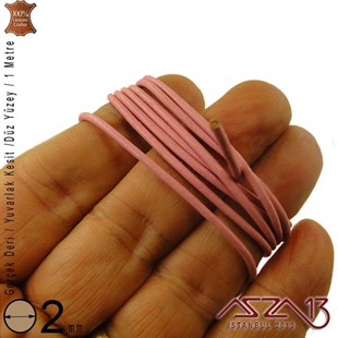 Gerçek Deri - 2 mm - Pembe - Düz Yüzey - Yuvarlak Kesit - Kordon / 1 Metre