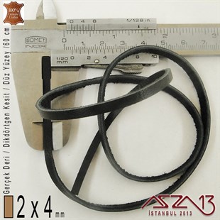 Gerçek Deri - 2x4 mm - Siyah - Düz Yüzey - Dikdörtgen Kesit - Kordon / 60 cm