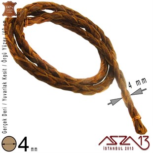 Gerçek Deri - 4 mm - Kahverengi - Örgü Yüzey - Yuvarlak Kesit - Kordon / 40 cm