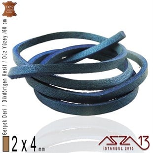 Gerçek Deri - 2x4 mm - Denizci Mavi - Düz Yüzey - Dikdörtgen Kesit - Kordon / 60 cm