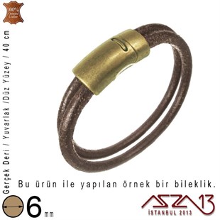 Gerçek Deri - 6 mm - Kahverengi - Düz Yüzey - Yuvarlak Kesit - Kordon / 40 cm