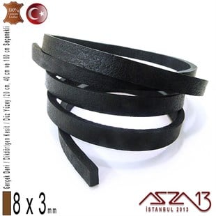 Gerçek Deri - 8x3 mm - Siyah - Düz Yüzey - Dikdörtgen Kesit Kordon / 20 cm - 40 cm - 100 cm