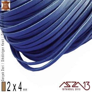 Gerçek Deri - 2x4 mm - Kobalt Mavi - Düz Yüzey - Dikdörtgen Kesit - Kordon / 60 cm