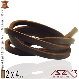 Gerçek Deri - 2x4 mm - Kahverengi - Düz Yüzey - Dikdörtgen Kesit - Kordon / 60 cm