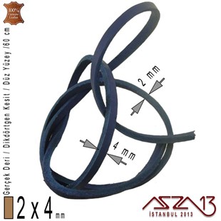 Gerçek Deri - 2x4 mm - Kobalt Mavi - Düz Yüzey - Dikdörtgen Kesit - Kordon / 60 cm