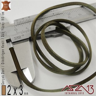 Gerçek Deri - 2x3 mm - Kahverengi - Düz Yüzey - Dikdörtgen Kesit - Kordon / 60 cm