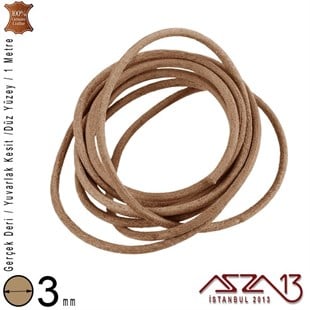 Gerçek Deri - 3 mm - Naturel - Düz Yüzey - Yuvarlak Kesit - Kordon / 1 Metre