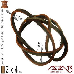 Gerçek Deri - 2x4 mm - Kahverengi - Düz Yüzey - Dikdörtgen Kesit - Kordon / 60 cm