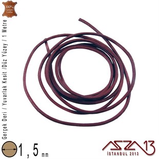 Gerçek Deri - 1,5 mm - Bordo - Düz Yüzey - Yuvarlak Kesit - Kordon / 1 Metre