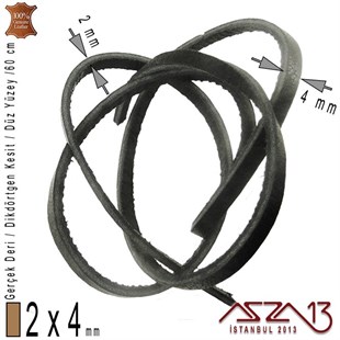 Gerçek Deri - 2x4 mm - Siyah - Düz Yüzey - Dikdörtgen Kesit - Kordon / 60 cm