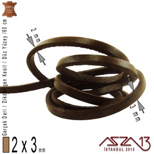 Gerçek Deri - 2x3 mm - Kahverengi - Düz Yüzey - Dikdörtgen Kesit - Kordon / 60 cm