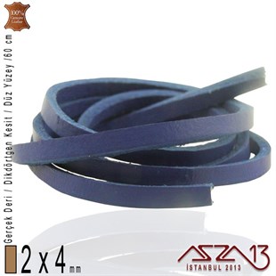 Gerçek Deri - 2x4 mm - Kobalt Mavi - Düz Yüzey - Dikdörtgen Kesit - Kordon / 60 cm
