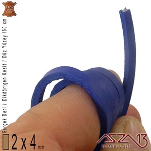 Gerçek Deri - 2x4 mm - Kobalt Mavi - Düz Yüzey - Dikdörtgen Kesit - Kordon / 60 cm