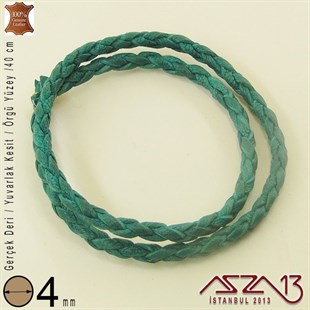 Gerçek Deri - 4 mm - Küf Yeşili - Örgü Yüzey - Yuvarlak Kesit - Kordon / 40 cm