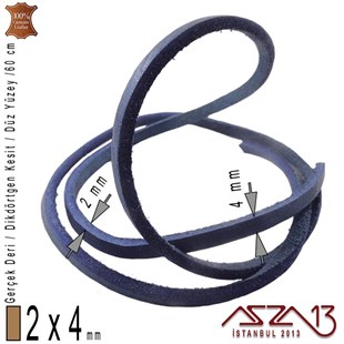 Gerçek Deri - 2x4 mm - Denizci Mavi - Düz Yüzey - Dikdörtgen Kesit - Kordon / 60 cm