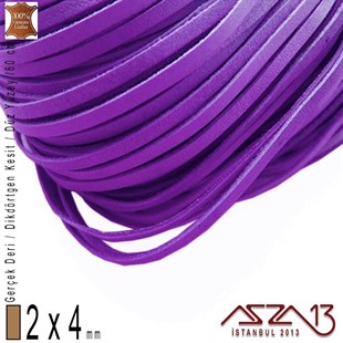 Gerçek Deri - 2x4 mm - Mor - Düz Yüzey - Dikdörtgen Kesit - Kordon / 60 cm